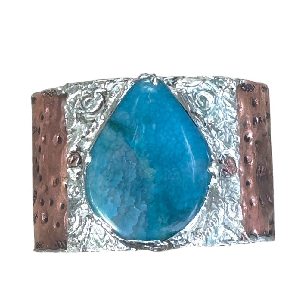 Rustic Copper & Silver Hammered Cuff Bracelet W/ Blue Agate Teardrop Gemstone - Picture 12 of 16